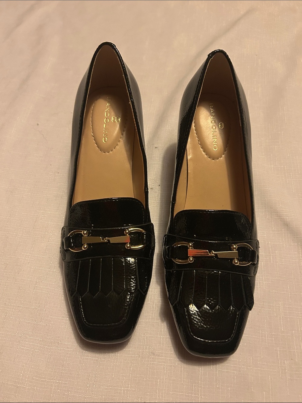 Bandolino Black Patent Loafers with Gold Bit